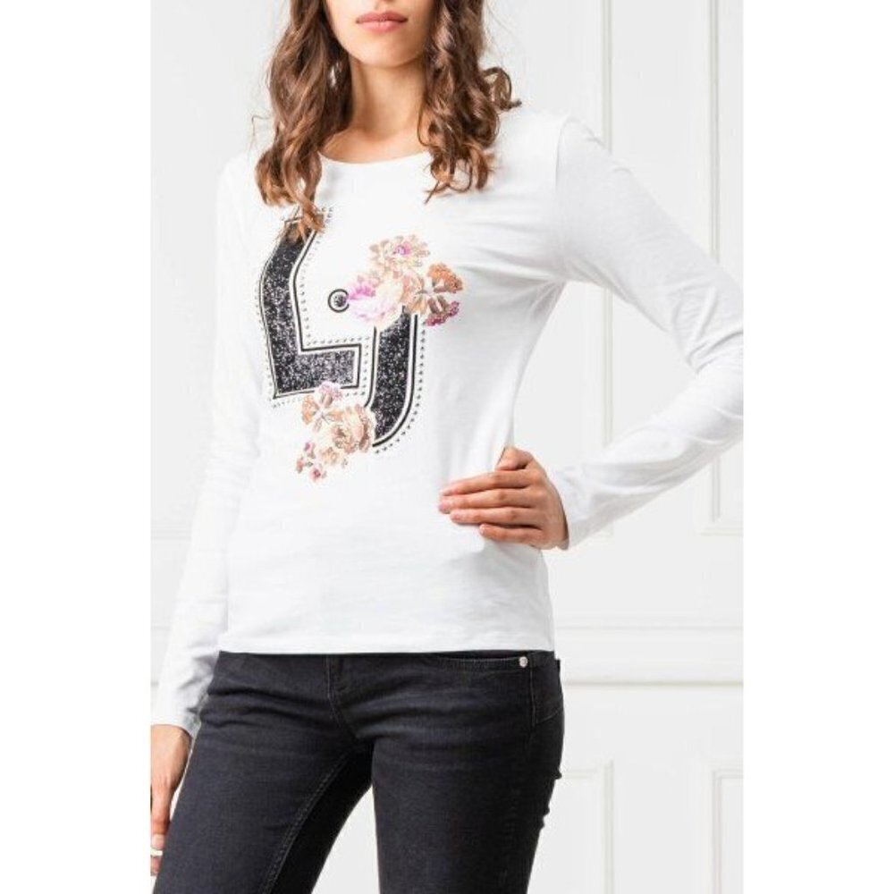 Liu‎ Jo Milano Long Sleeve Graphic Tee XS White Glitter Rhinestone NWOT
